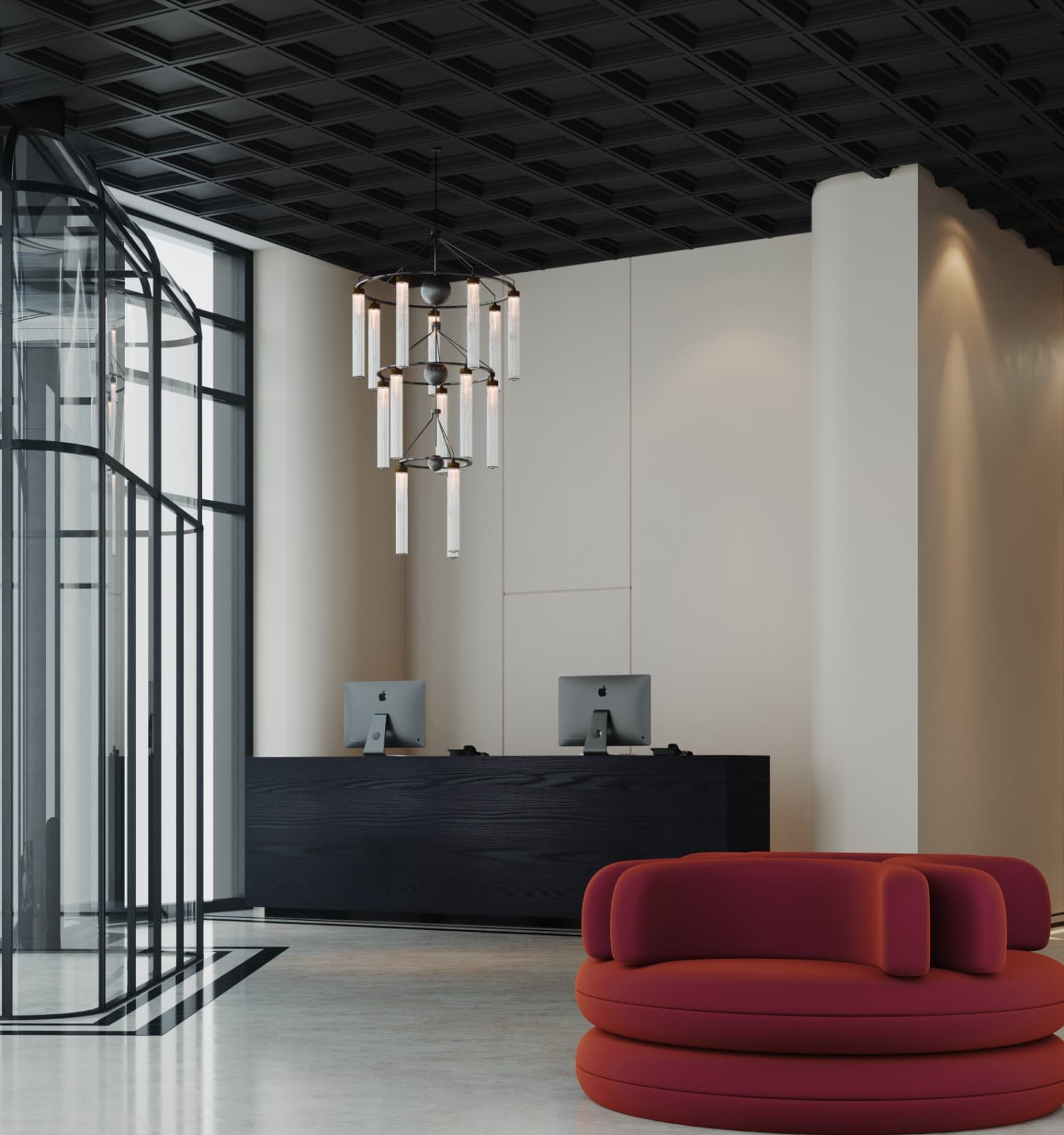 Lobby d'hôtel — plafond caissonné, lustre laiton, pouf rouge